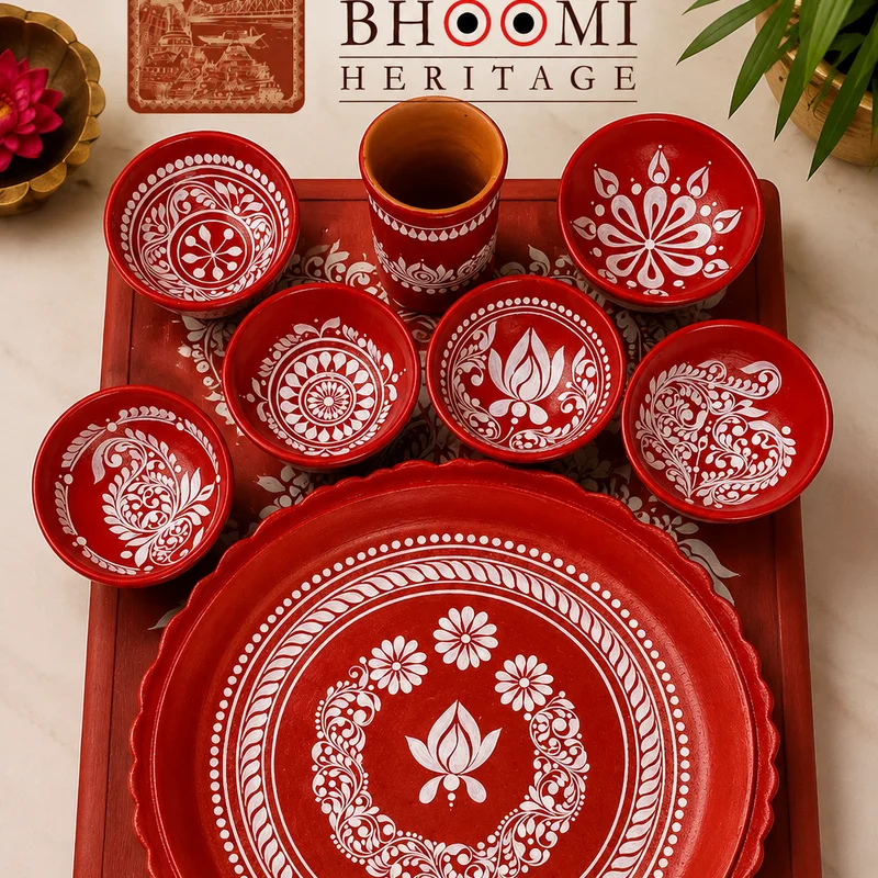 Jhottika Crimson Terracotta Dinner Thali Set with 6 Bowls & Kulhar